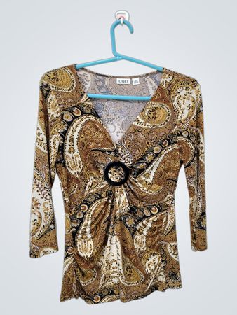 Cato Paisley Print V-Neck Top with Ring Detail