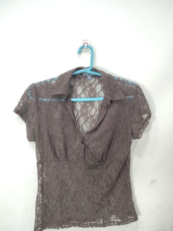 Apt. 9 Brown Lace Collared Short Sleeve Blouse