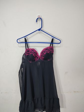 「Inner Secrets Black & Pink Embroidered Babydoll」