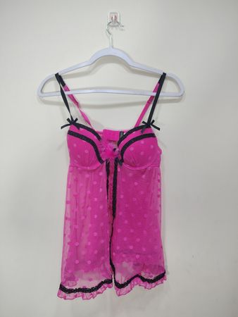 Passion Forever Pink Polka Dot Mesh Babydoll avec bord noir