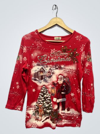 Cactus Merry Christmas Santa Claus Print Red Long Sleeve Shirt