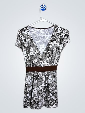 Damen Braunes Blumenmuster V-Ausschnitt Kurzarmtop mit Gürtel