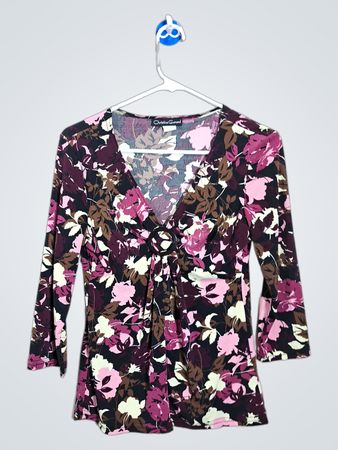 Christine Gerard Floral Print 3/4 Sleeve V-Neck Top