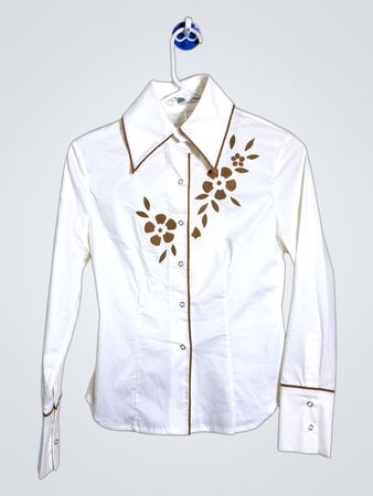 Peacebird Women’s Wear Blusa Bianca con Rifiniture Marroni e Dettagli Floreali