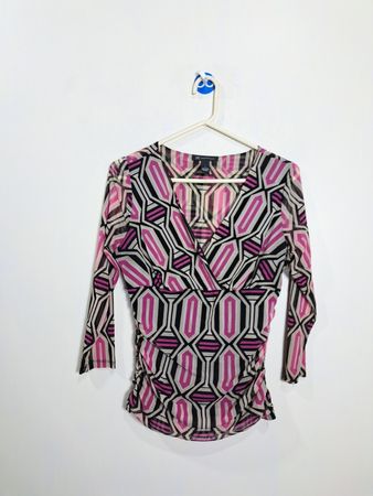INC International Concepts Women's Geometric Print Ruched Mesh Top