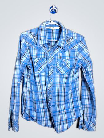CRB Blue Plaid Studded Long Sleeve Western Shirt