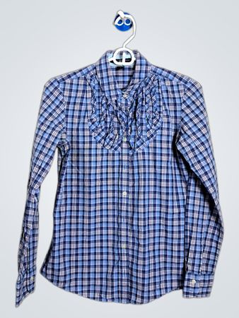 GAP Blue Plaid Ruffle Button-Up Shirt