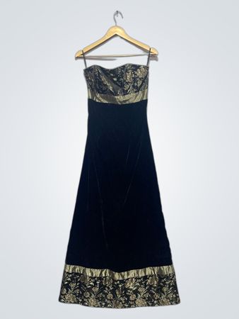 Jessica McClintock Black Velvet Strapless Gown with Gold Floral Trim