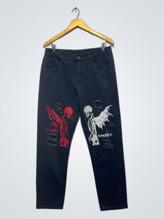 Black Jeans with Skeleton and Wing Graphics