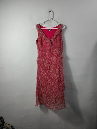 MEGHAN MATTHEWS Red Floral Print Sleeveless Dress with Ruffles