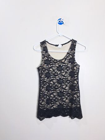 TIARA B. Black Lace Sequin Tank Top