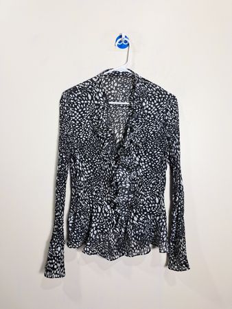 Black and White Patterned Blouse with Ruffle Detail
