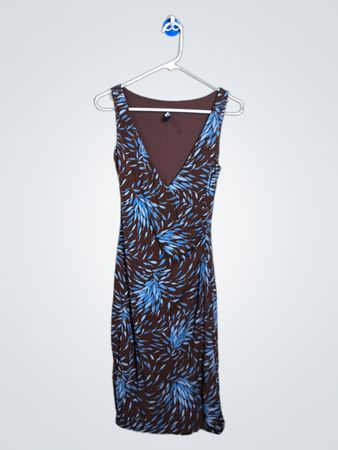 Robe sans manches à imprimé feuilles marron et bleu en V