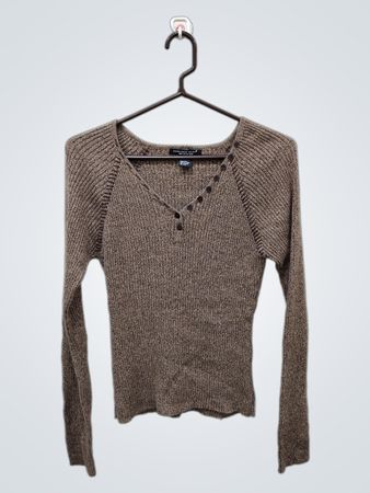REFERENCE POINT Women's Brown Knit V-Neck Button Henley Long Sleeve Sweater