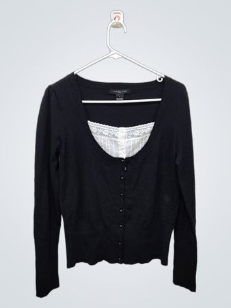Cardigã Preto AUGUST SILK KNITS com Acabamento em Renda