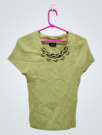 R.Q.T. Green Ribbed Knit Top with Chain Detail