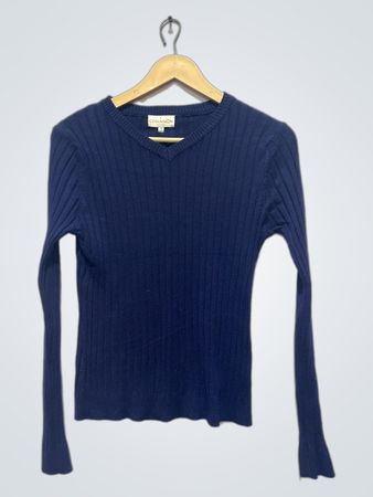 CINNAMON KNITWEAR Marineblauer gerippter V-Ausschnitt Langarm-Pullover