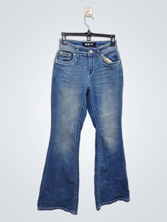 SKY Women's Blue Flare Jeans with White Stitching and Embellished Pockets