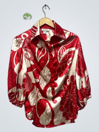 Bebe Red Floral Print Satin Blouse