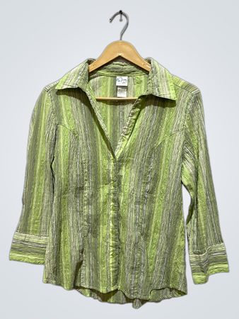 Squeeze Women's Green Striped Stretch Button-Up Shirt