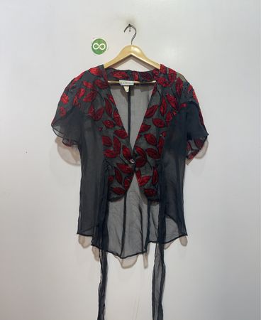 AMIGA FASHION Sheer Black Red Leaf Burnout Kimono Style Top