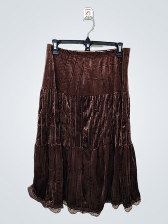 Brown Velvet Tiered Skirt with Lace Trim