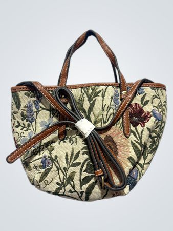 Tapestry floral print handbag with brown leather trim