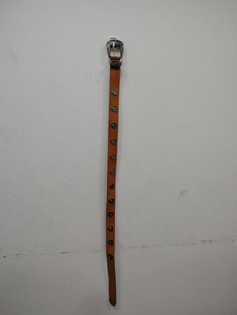 Brown leather belt with silver buckle and decorative studs