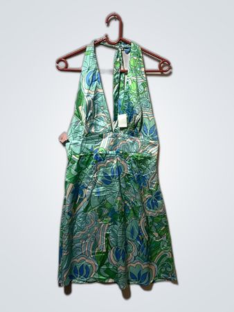 Green and Blue Floral Halter Neck Dress