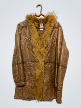 Brown Leather Coat with Fur Trim