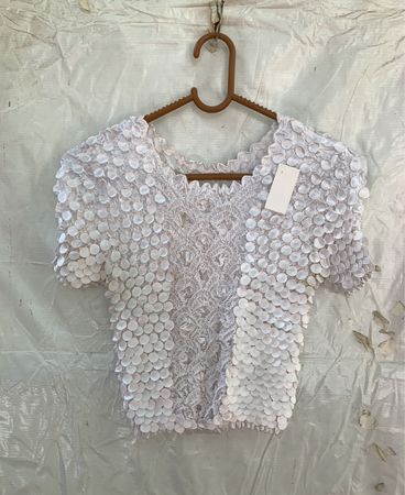 Unbranded White Beaded Ruffle Blouse