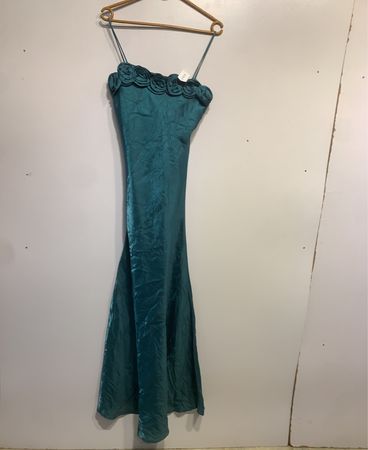 Teal Spaghetti Strap Maxi Dress with Rose Embellishments