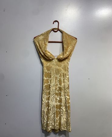 Gold Patterned Halter Dress with Lace-up Back