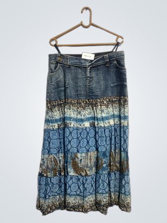 Denim Maxi Skirt with Tiered Patterned Fabric