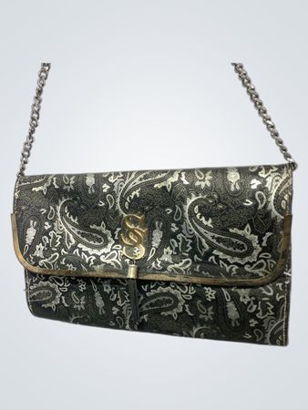 Clutch bag with chain strap and paisley pattern