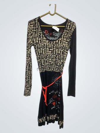Desigual Women's Black The Same Not Luxury Feeling Print Dress with Red Belt