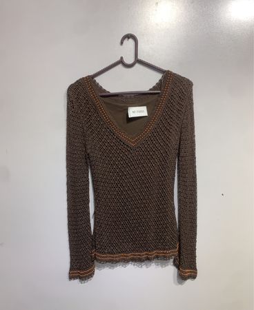 Brown Crochet Long Sleeve Top with Beaded Trim