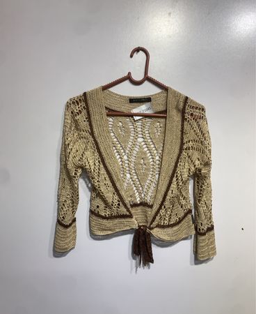 WATCHER Women's Beige Crochet Cardigan with Brown Trim