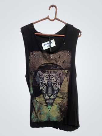 Schwarzes ärmelloses Tanktop mit Tigergrafik
