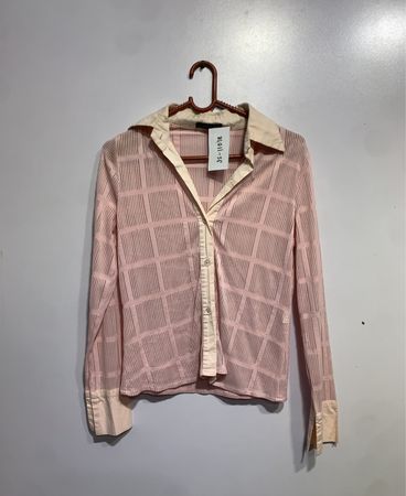 FASHION ELLE Pink Durchsichtige Gittermuster Langarmhemd