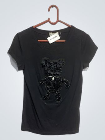 Schwarzes T-Shirt mit Teddy-Bären-Applikation