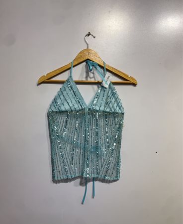 Blue Halter Sequin Top