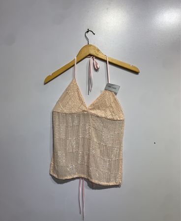 Beaded Halter Top with Pink Ties