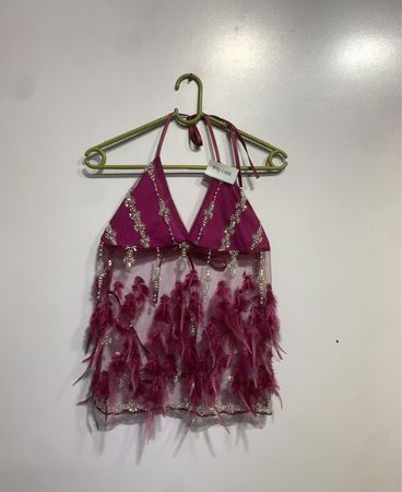 Pink Halter Neck Embellished Feather Top