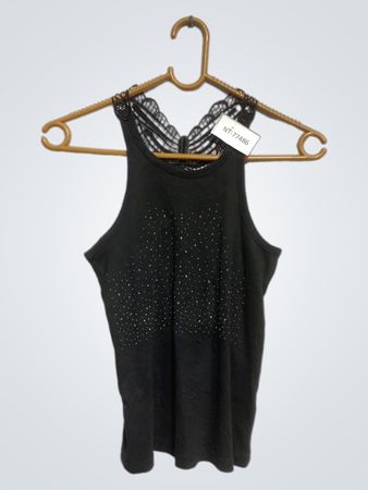 Schwarzes Tanktop mit Strasssteinen und Spitzen-Schmetterlingdetails