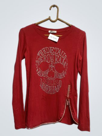 CC Fashion Rot Langarm Skull Grafik T-Shirt