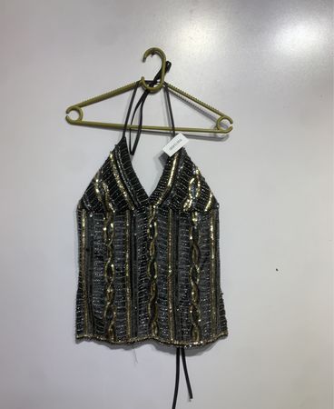 Black and gold beaded halter top
