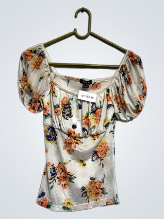 U2B Weiß Floral Puffärmel Quadrat-Ausschnitt Oberteil