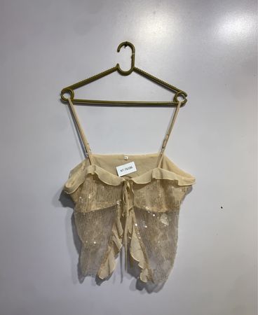 Beige Pailletten-Top mit Binder vorne