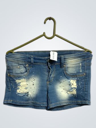 Blaue Denim-Shorts mit Rhinestones und Used-Effekten